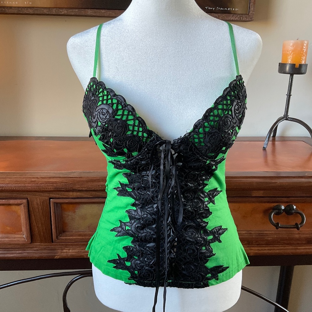 NOA Embroidered Corset Top.. Lace-Up Front. Black & Brilliant Green. Size S
